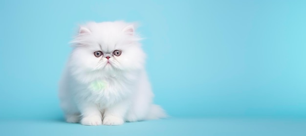 Um gato persa isolado em fundo azul plano