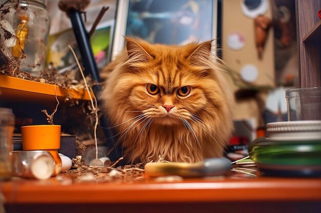 Um gato persa na mesa no meio de coisas espalhadas