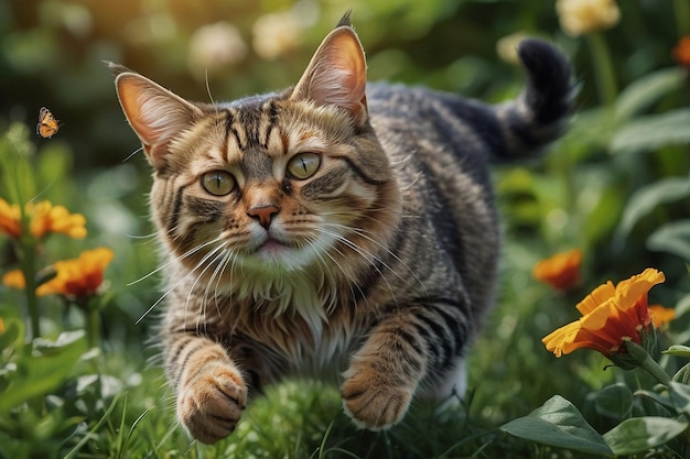 Um gato perseguindo uma borboleta em um jardim