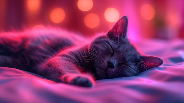 Um gato preto a dormir na cama, luz de néon do estúdio.