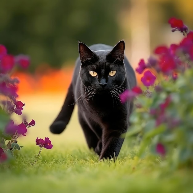 Um gato preto andando por um jardim com flores ao fundo.