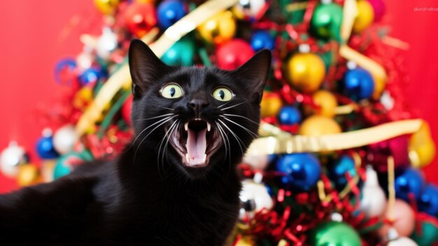 Foto um gato preto bocejando na frente de uma árvore de natal