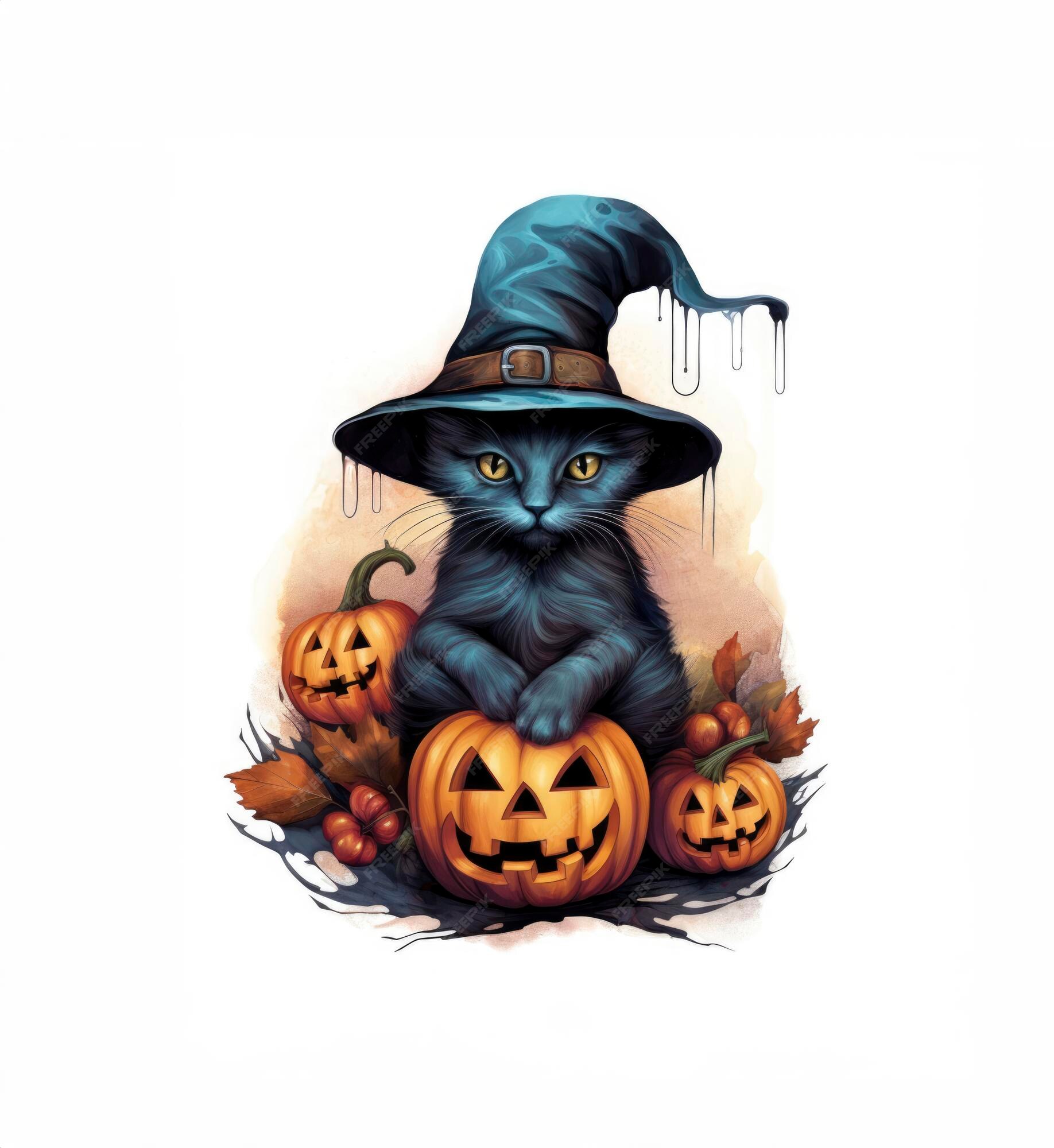 Gato Preto Fofo Usa Chapéu De Bruxa No Halloween Vetor Premium PNG