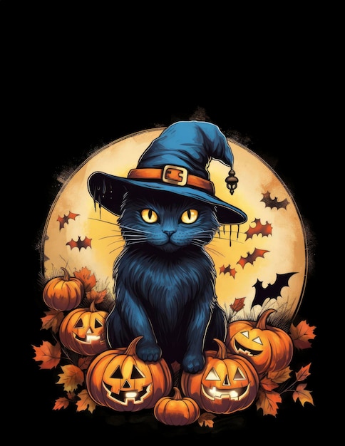 Um gato preto bonito usando um chapéu de bruxa no conceito de Halloween de fundo escuro