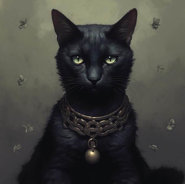 Um gato preto com coleira de ouro e uma corrente de ouro em volta do pescoço.