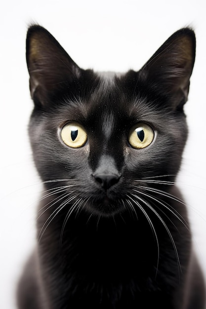 Um gato preto com fundo branco e olhos amarelos