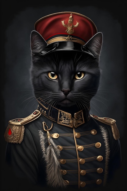 Um gato preto com gorro vermelho e as palavras "russo" na frente.