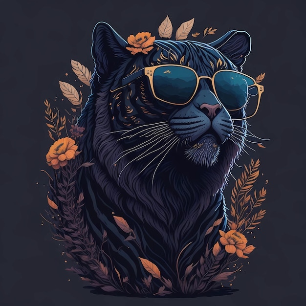 Um gato preto com óculos de sol e uma flor amarela nele