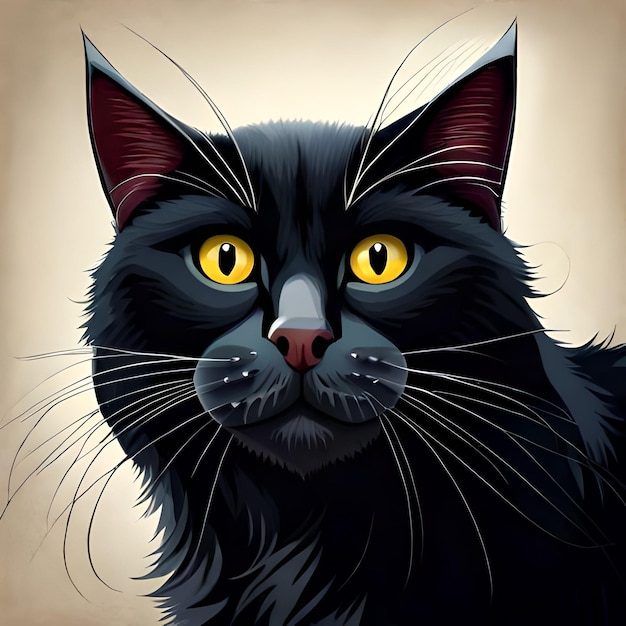 Um gato preto com olhos amarelos é mostrado em uma pintura.