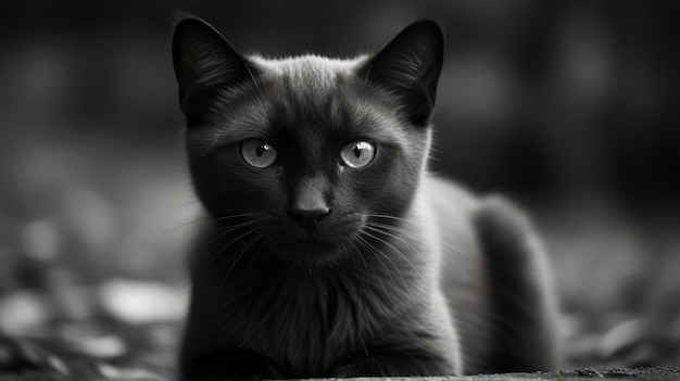 um gato preto com olhos amarelos e um fundo preto