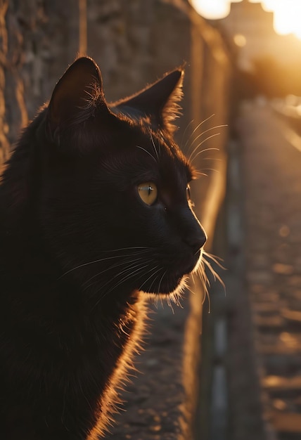 um gato preto com olhos amarelos e um gato preto ao fundo