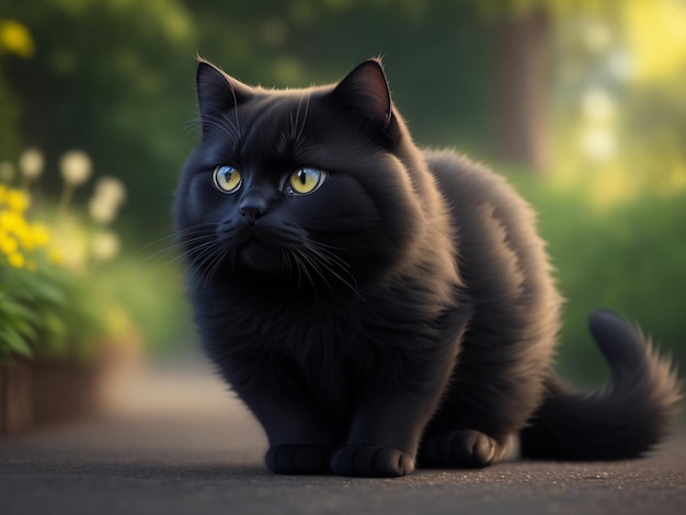 Um gato preto com olhos amarelos está em uma estrada.