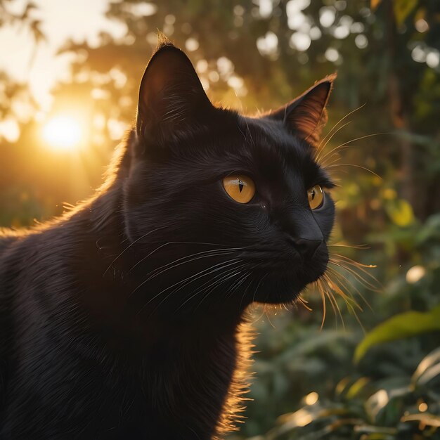 um gato preto com olhos amarelos está olhando para a câmera