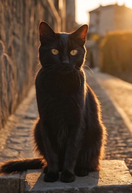 um gato preto com olhos amarelos está sentado em uma calçada