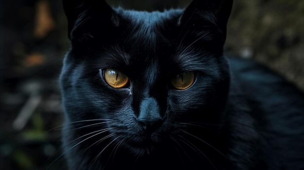 Um gato preto com olhos amarelos está sentado em uma sala escura.