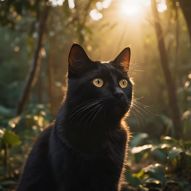 um gato preto com olhos amarelos está sentado na floresta