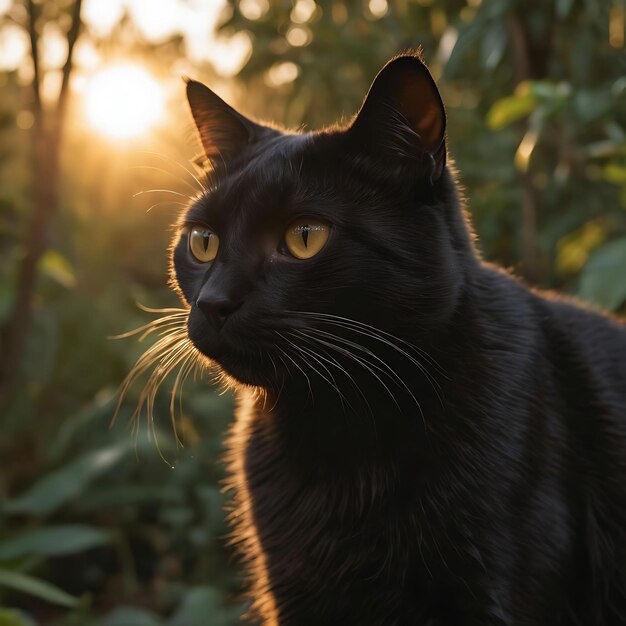 um gato preto com olhos amarelos está sentado no sol