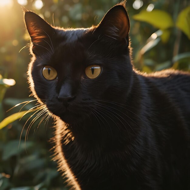 um gato preto com olhos amarelos está sentado no sol