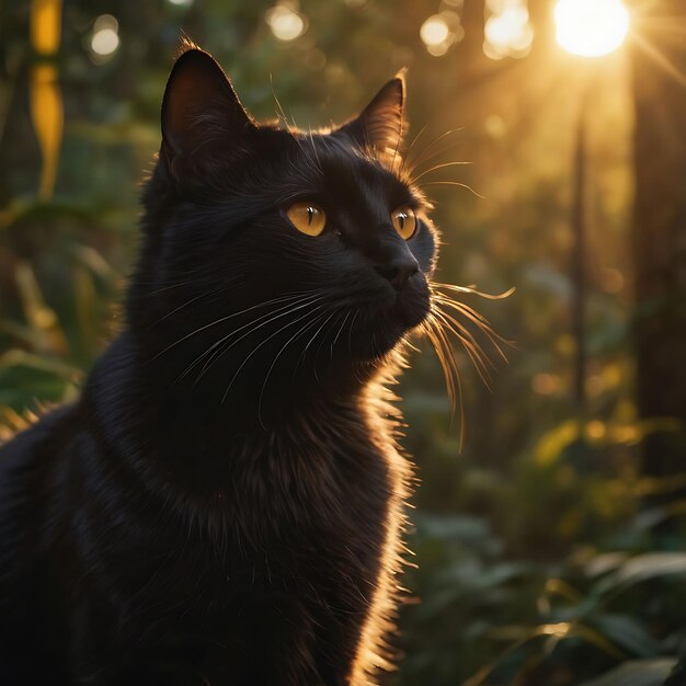 um gato preto com olhos amarelos senta-se ao sol