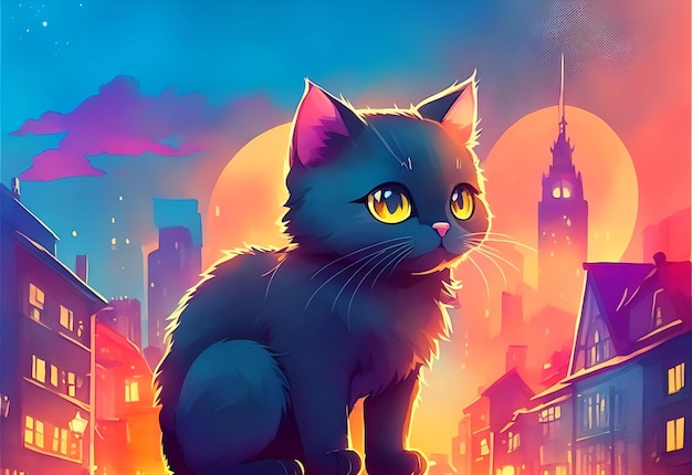 Um gato preto com olhos amarelos senta-se em uma paisagem urbana.