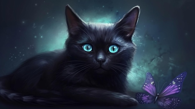 Um gato preto com olhos azuis está em um backgroundgenerative ai do céu noturno
