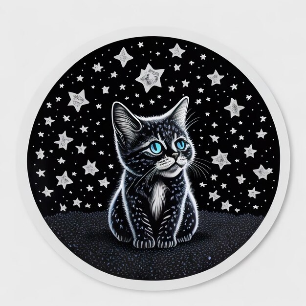 Um gato preto com olhos azuis senta-se sobre um fundo branco com estrelas.