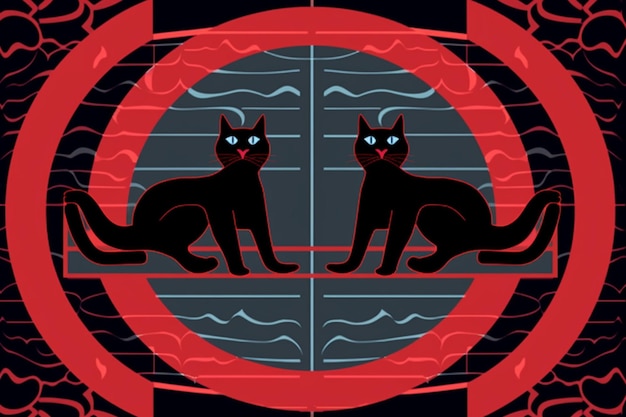 Um gato preto com olhos azuis senta-se sobre um fundo vermelho.