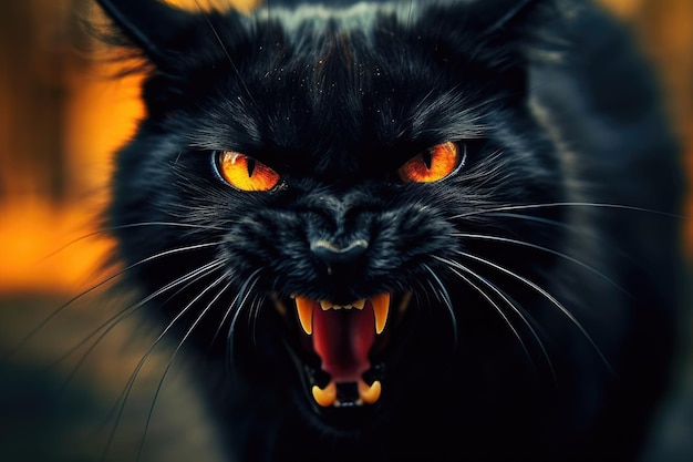 Um gato preto com olhos laranja está com raiva e tem olhos laranja