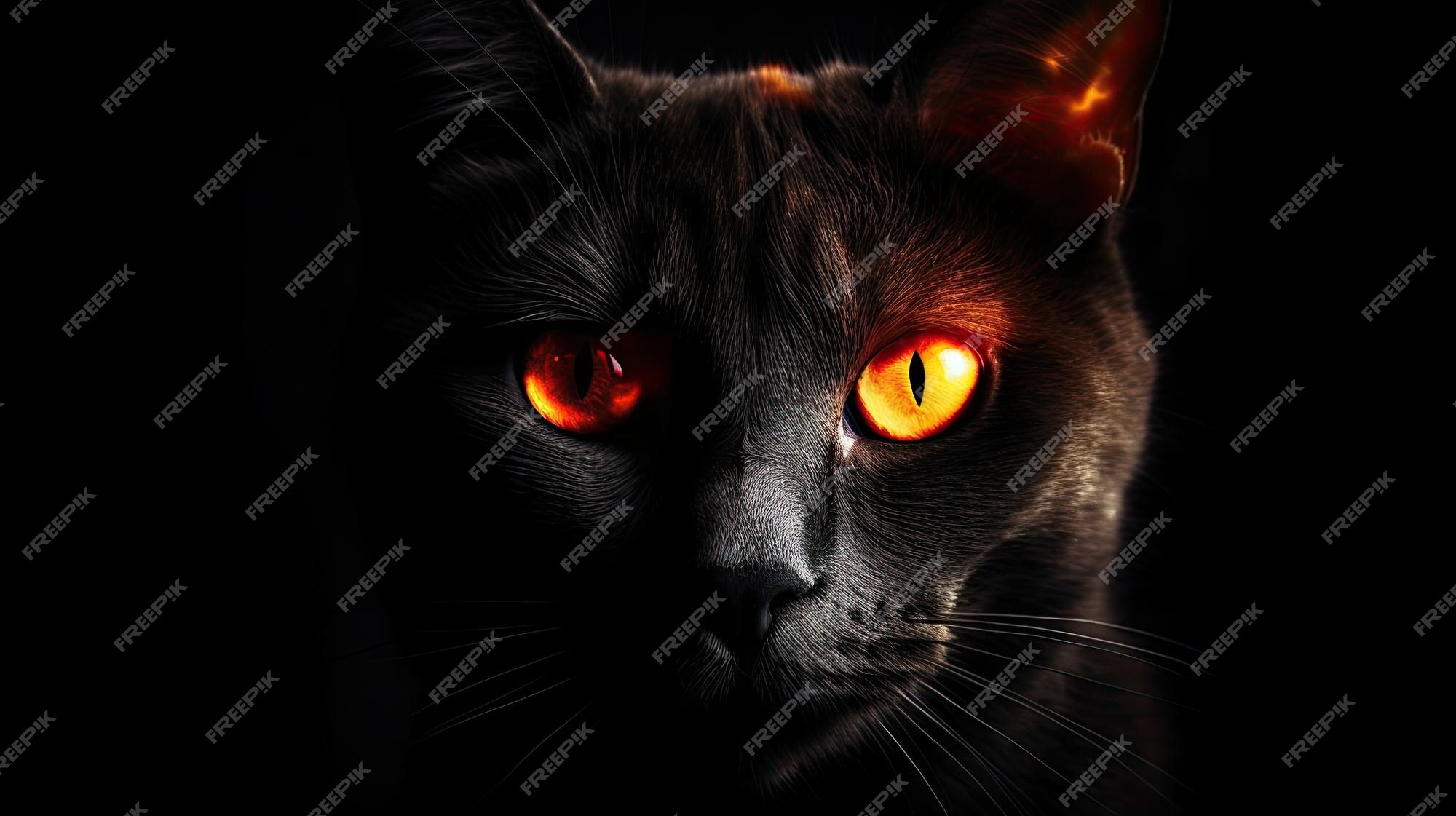Um gato preto com olhos laranja está em um pokemon espeon de fundo preto
