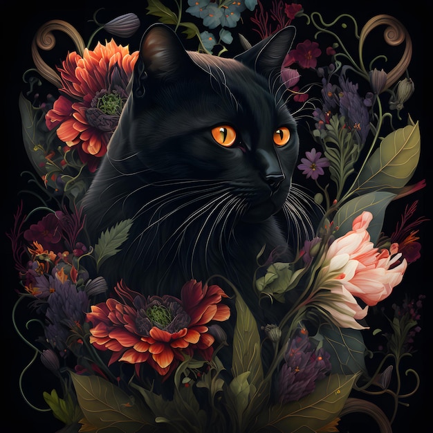 Um gato preto com olhos laranja está rodeado de flores e borboletas.