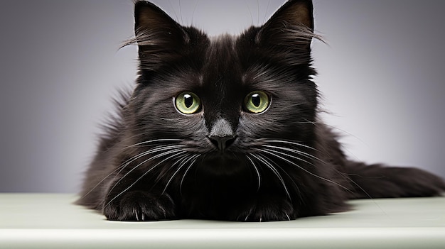 um gato preto com olhos verdes e um nariz preto
