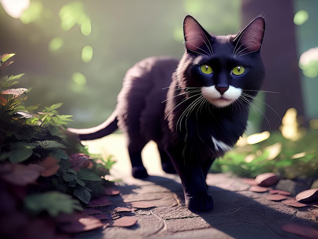 Um gato preto com olhos verdes está em um caminho de pedra em um jardim.