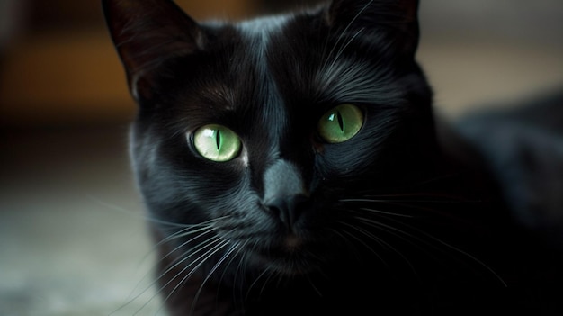 Um gato preto com olhos verdes