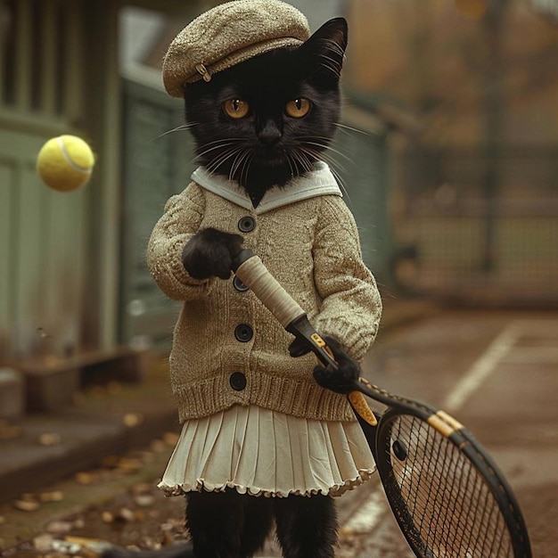 um gato preto com um chapéu e uma raquete