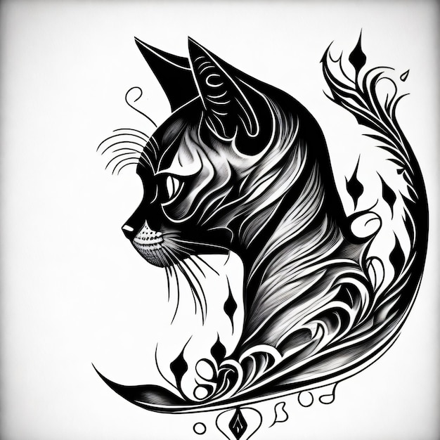 Um gato preto com um fundo branco e um desenho de flor na parte inferior.