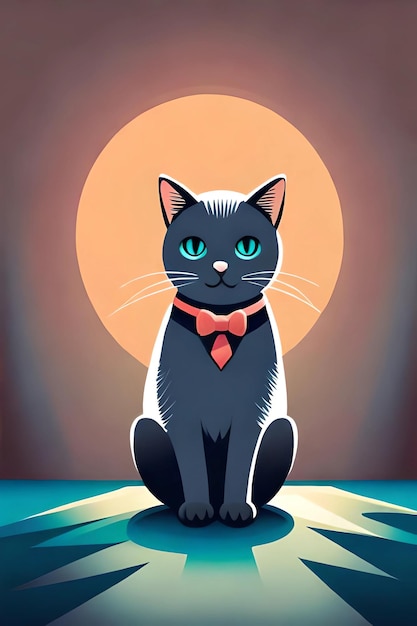 Um gato preto com um laço vermelho senta-se sobre um fundo azul com a lua atrás dele.