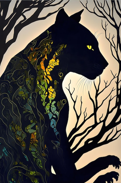 Um gato preto com uma árvore ao fundo