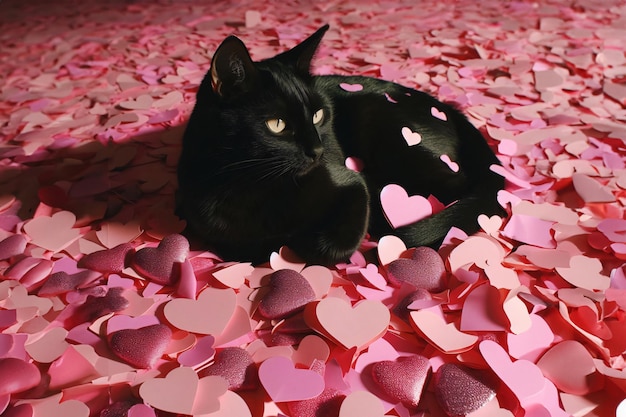 Um gato preto descansando em meio a um mar de confetes em forma de coração rosa