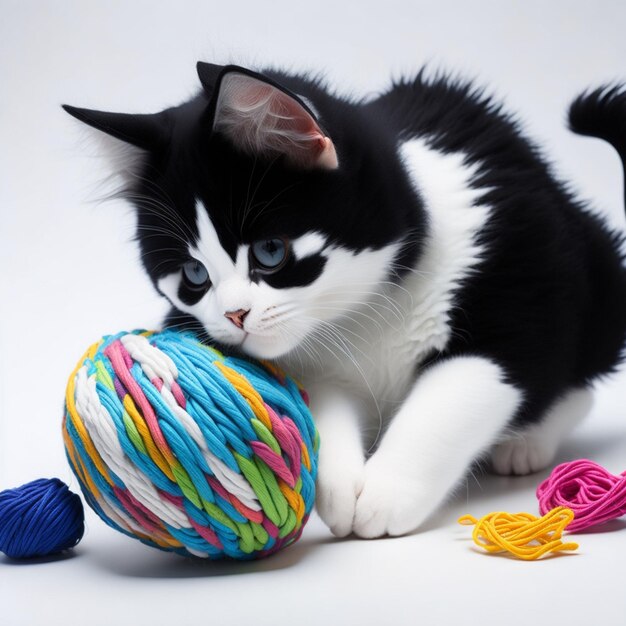 Um gato preto e branco brincando com um novelo de lã.