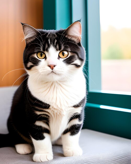 um gato preto e branco com olhos amarelos e um rosto preto e branco