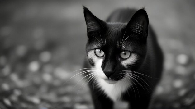 um gato preto e branco com olhos amarelos e uma mancha branca em seu rosto