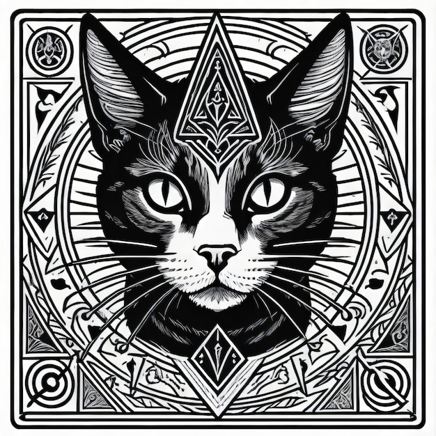 Um gato preto e branco com um triângulo na cabeça.