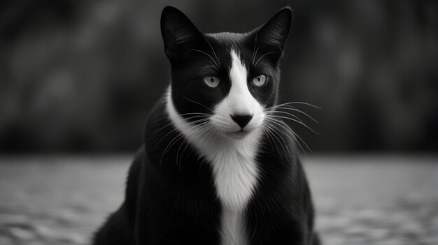 Foto um gato preto e branco com uma mancha branca no peito