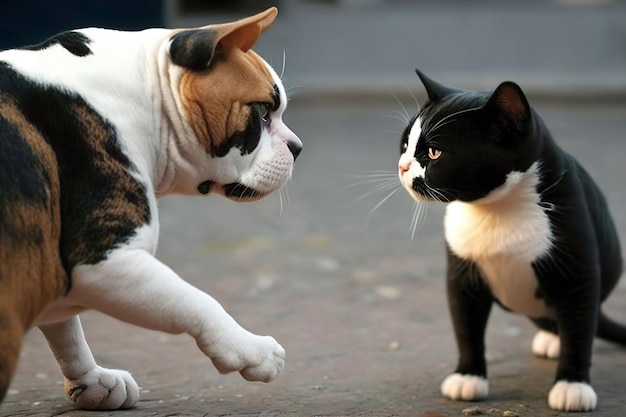 Um gato preto e branco e um cachorro marrom e branco se encarando em um impasse intenso criado com tecnologia de IA generativa