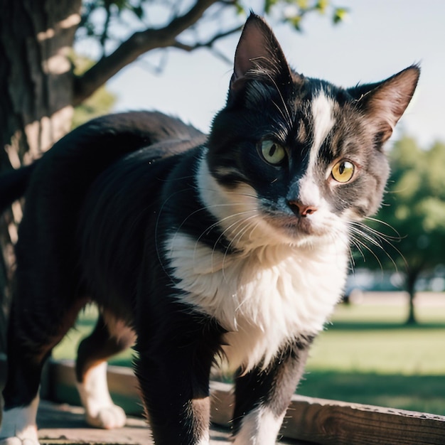 um gato preto e branco está parado em uma cerca de madeira