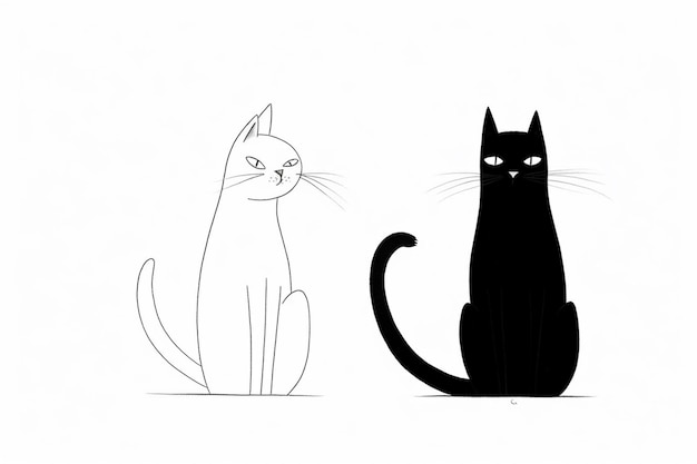 Um gato preto e um gato branco estão sentados lado a lado.