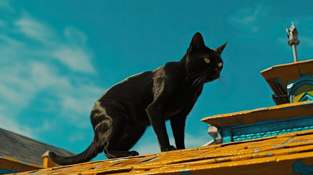 Um gato preto em um telhado com a palavra gato nele