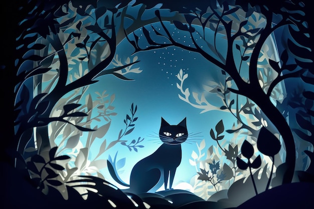 Um gato preto em uma floresta com fundo azul.