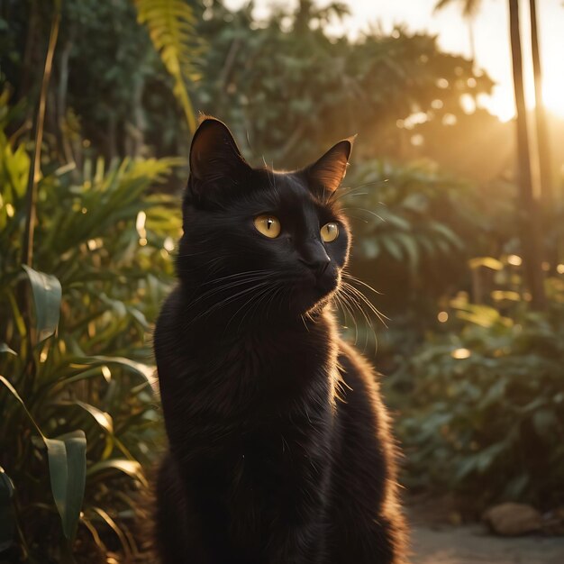 um gato preto está sentado ao sol e está olhando para cima