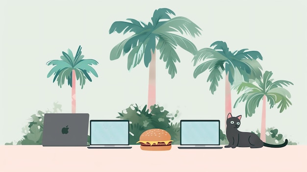 Um gato preto está sentado em uma mesa rosa Há dois laptops e um hambúrguer na mesa Palmeiras estão ao fundo